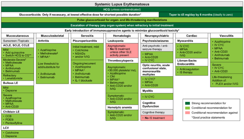 SLE（腎症は除く）管理推奨まとめ（Sammaritano LR et al. Arthritis Rheumatol. 2025 Figure 1）
